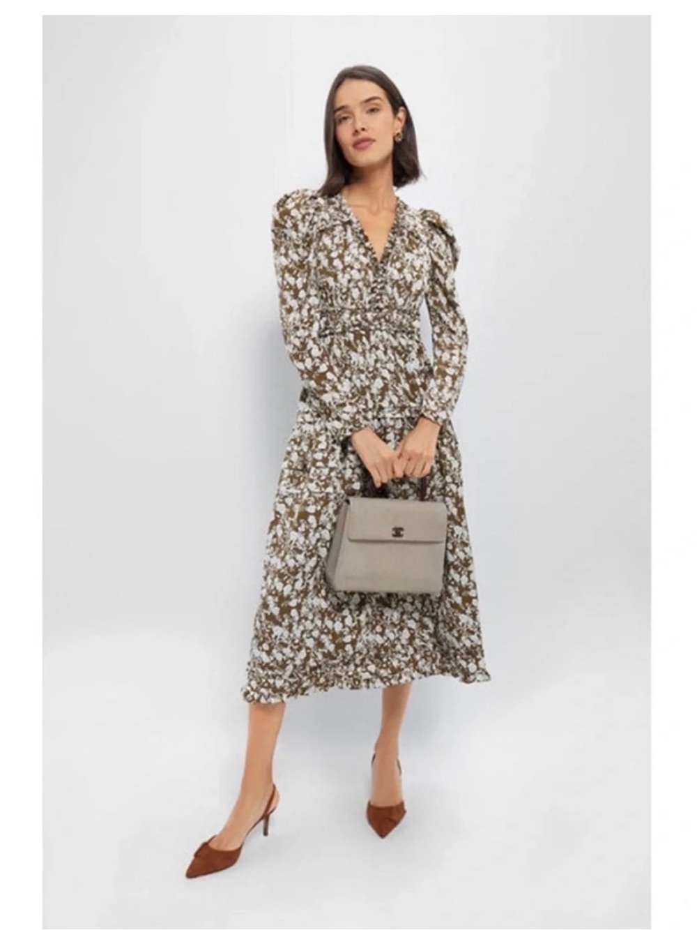 Hyacinth House Tickernuck Olive Floral Renee Ruffle Midi Dress